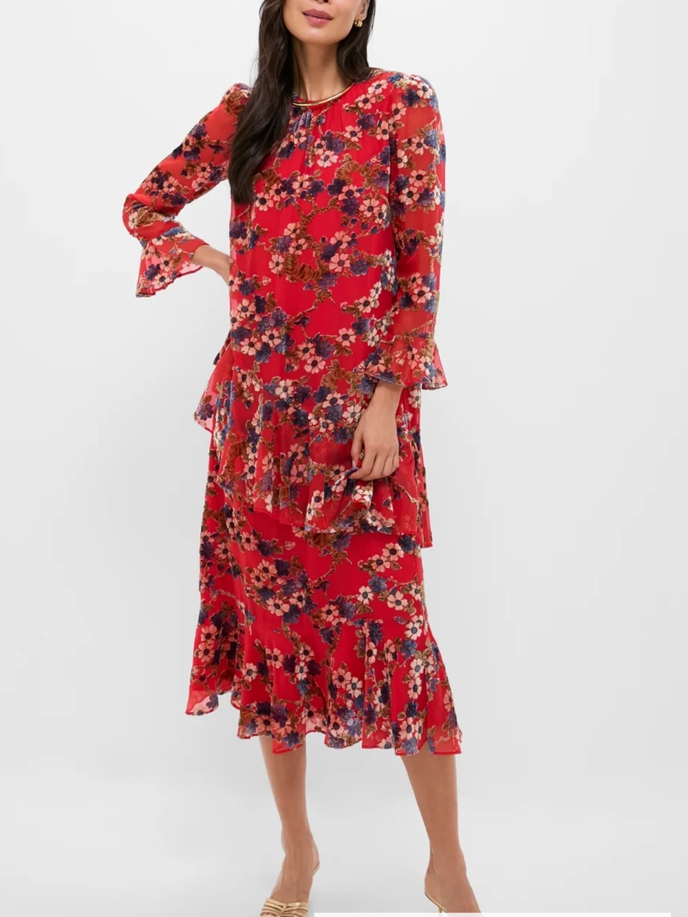 Tuckernuck Scarlet Sakura Blossom Burnout Velvet Sasha Midi Tiered Dress size L